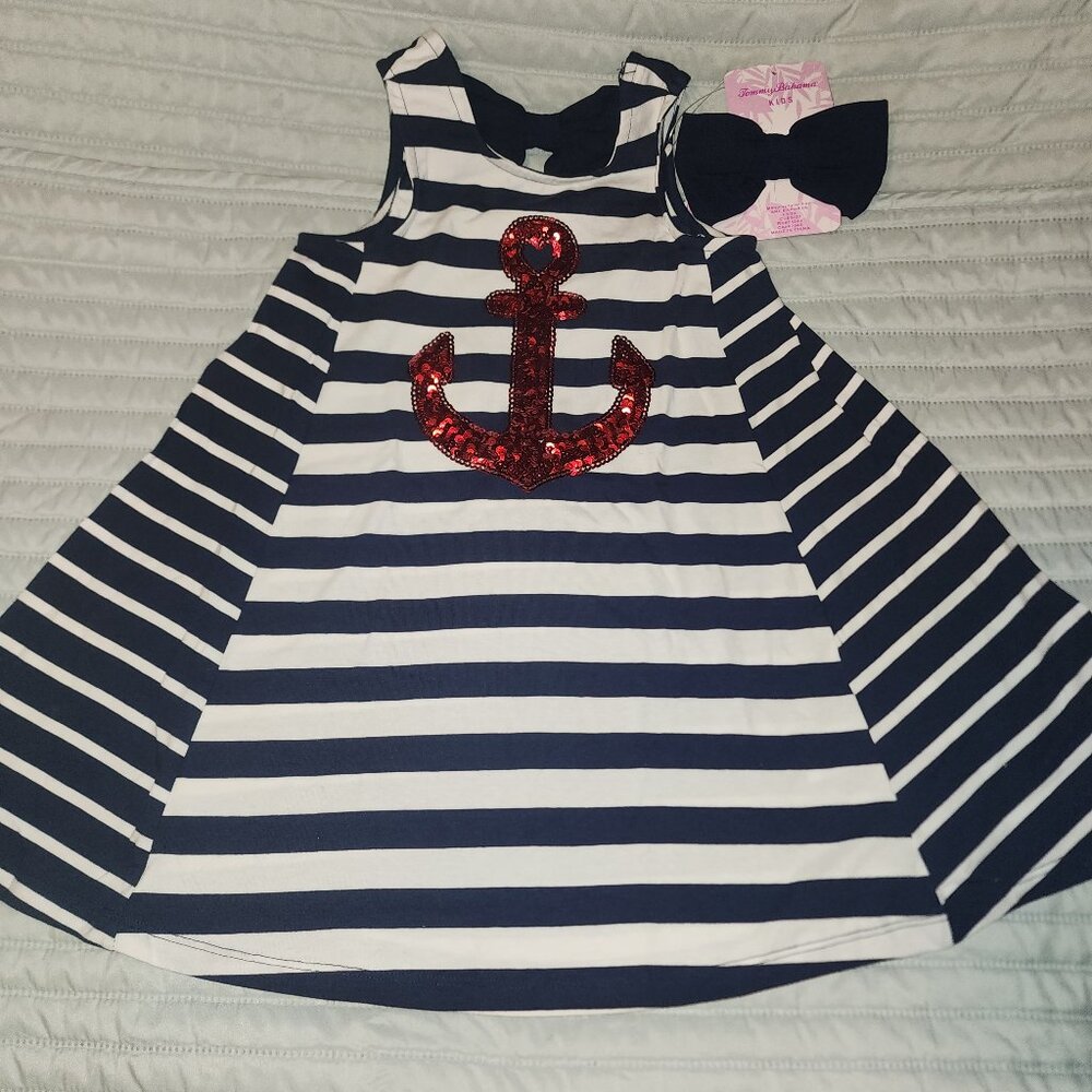 NWT~TOMMY BAHAMA KIDS~Girls Sequin Anchor Slvlss Swing DRESS & Bow Set~XS (4)
